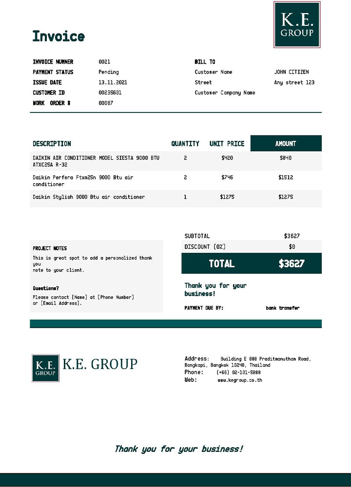 USA KE Group invoice template PSD template